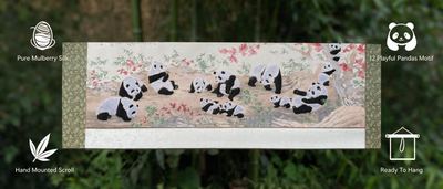 Shu-Brocade Twelve Pandas Scroll・Playful National Treasure Silk Art