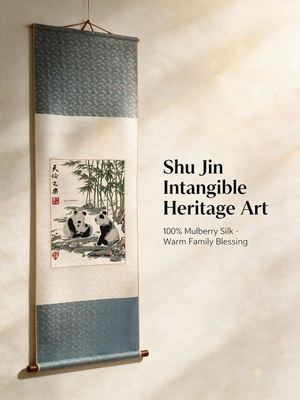Shu-Brocade *Joy of Family Union* · Vertical Panda Silk Scroll