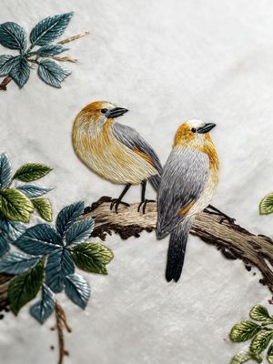 Shu-Brocade Two Birds on Blossom Branches · Vertical Framed Silk Art
