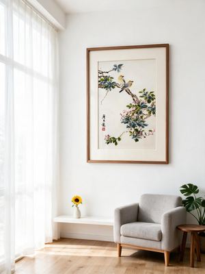 Shu-Brocade Two Birds on Blossom Branches · Vertical Framed Silk Art
