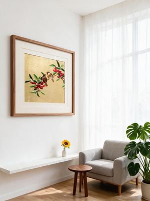 Shu-Brocade Joyful Twin Sparrows on Gilded Background · Square Framed Silk Art