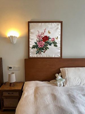 Shu-Brocade Butterflies among Peonies and Plum Blossoms · Square Framed Silk Art