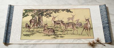 Shu-Brocade Cypress & Deer | Auspicious Traditional Chinese Wall Art
