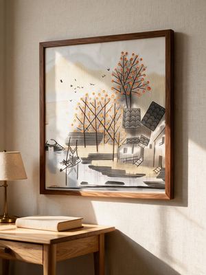 Shu-Brocade Autumn-Touched Water Town · Square Framed Silk Art