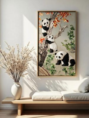 Shu-Brocade Three Pandas in Autumn Grove · Vertical Silk Scroll