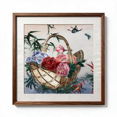 Shu-Brocade Butterflies over Flower Basket · Square Framed Silk Art