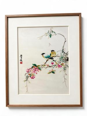 Shu-Brocade Companion Birds on Floral Twigs · Vertical Framed Silk Art