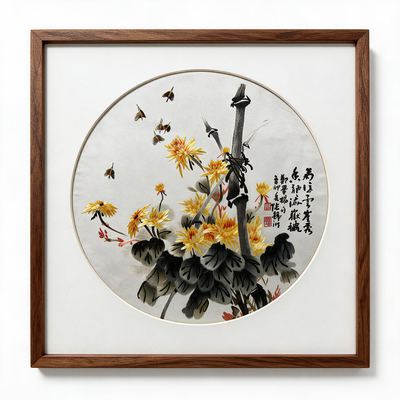 Shu-Brocade Chrysanthemums with Bees · Square Framed Silk Art
