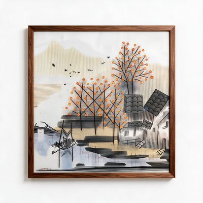 Shu-Brocade Autumn-Touched Water Town · Square Framed Silk Art