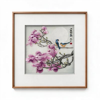 Shu-Brocade Magnolia Birds Beneath Moonlight · Square Framed Silk Art