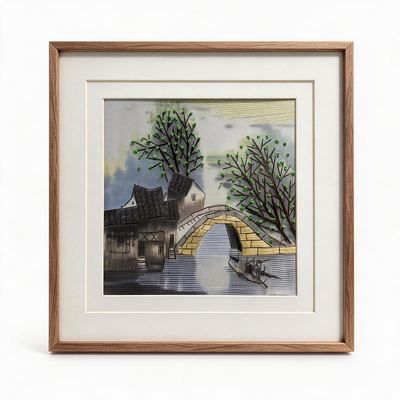Shu-Brocade Spring Charm of Jiangnan Stone Bridge · Square Framed Silk Art