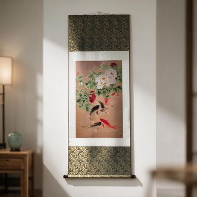 Shu Brocade Peony & Eight-Koi Vertical Scroll