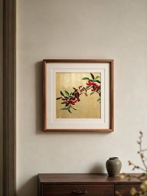 Shu-Brocade Joyful Twin Sparrows on Gilded Background · Square Framed Silk Art