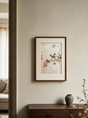 Shu-Brocade Companion Birds on Floral Twigs · Vertical Framed Silk Art