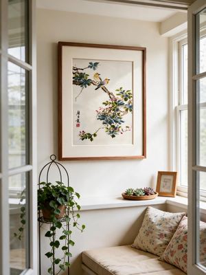 Shu-Brocade Two Birds on Blossom Branches · Vertical Framed Silk Art