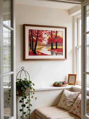 Shu-Brocade Autumn Stream & Red Maples · Framed Scenic Silk Art