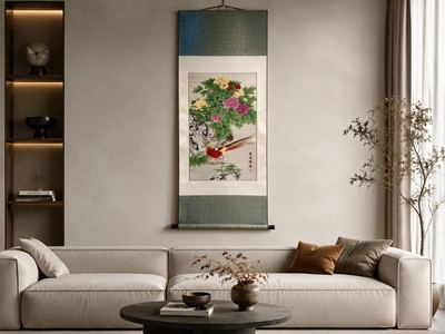Shu Brocade "Spring Morning Dew" Golden-Pheasant & Peony Vertical Scroll