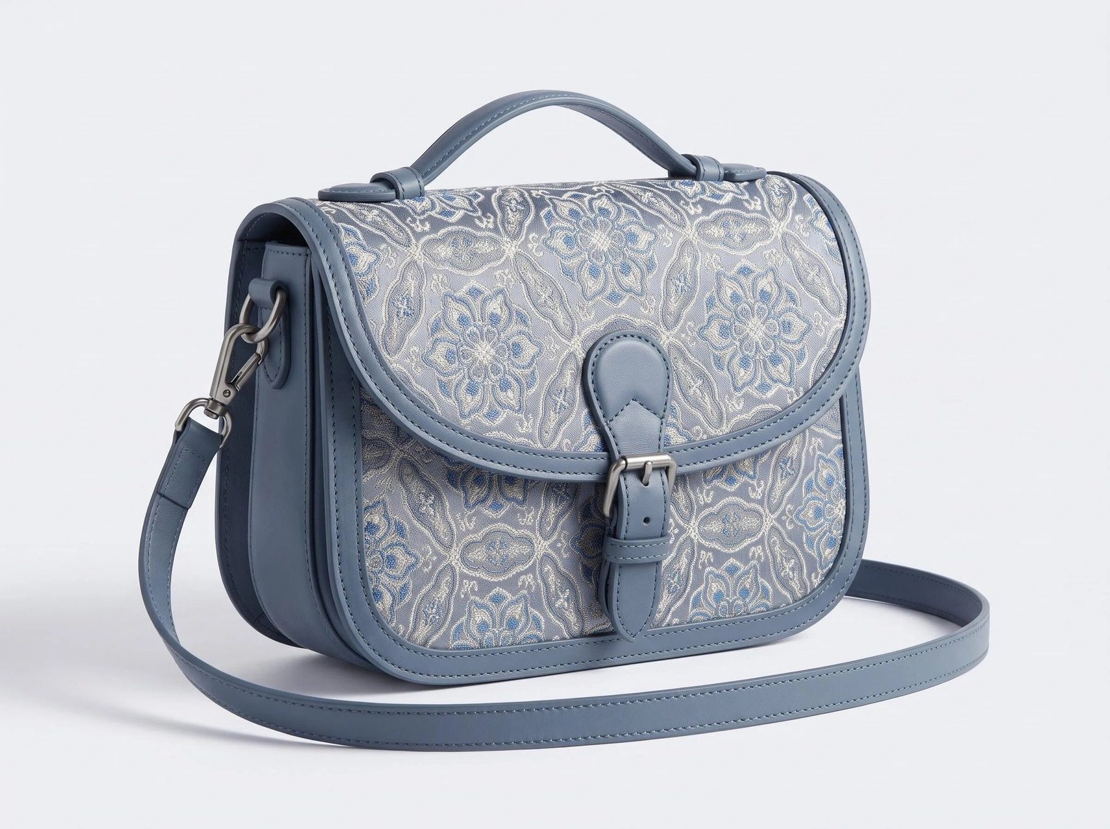 Shu Brocade Blue-Tone Treasure-Phase-Flower Saddle Messenger Bag