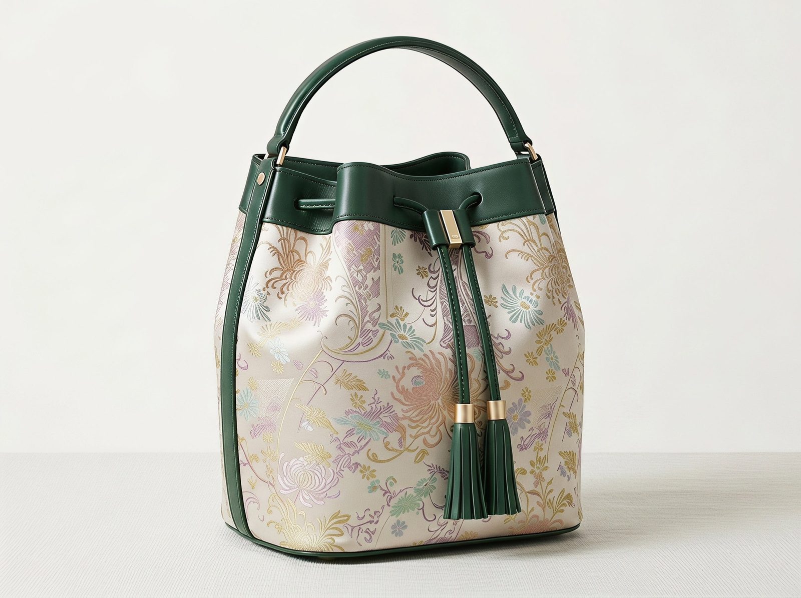 Shu Brocade Soft-Tone Chrysanthemum-Bird Tassel Bucket Bag
