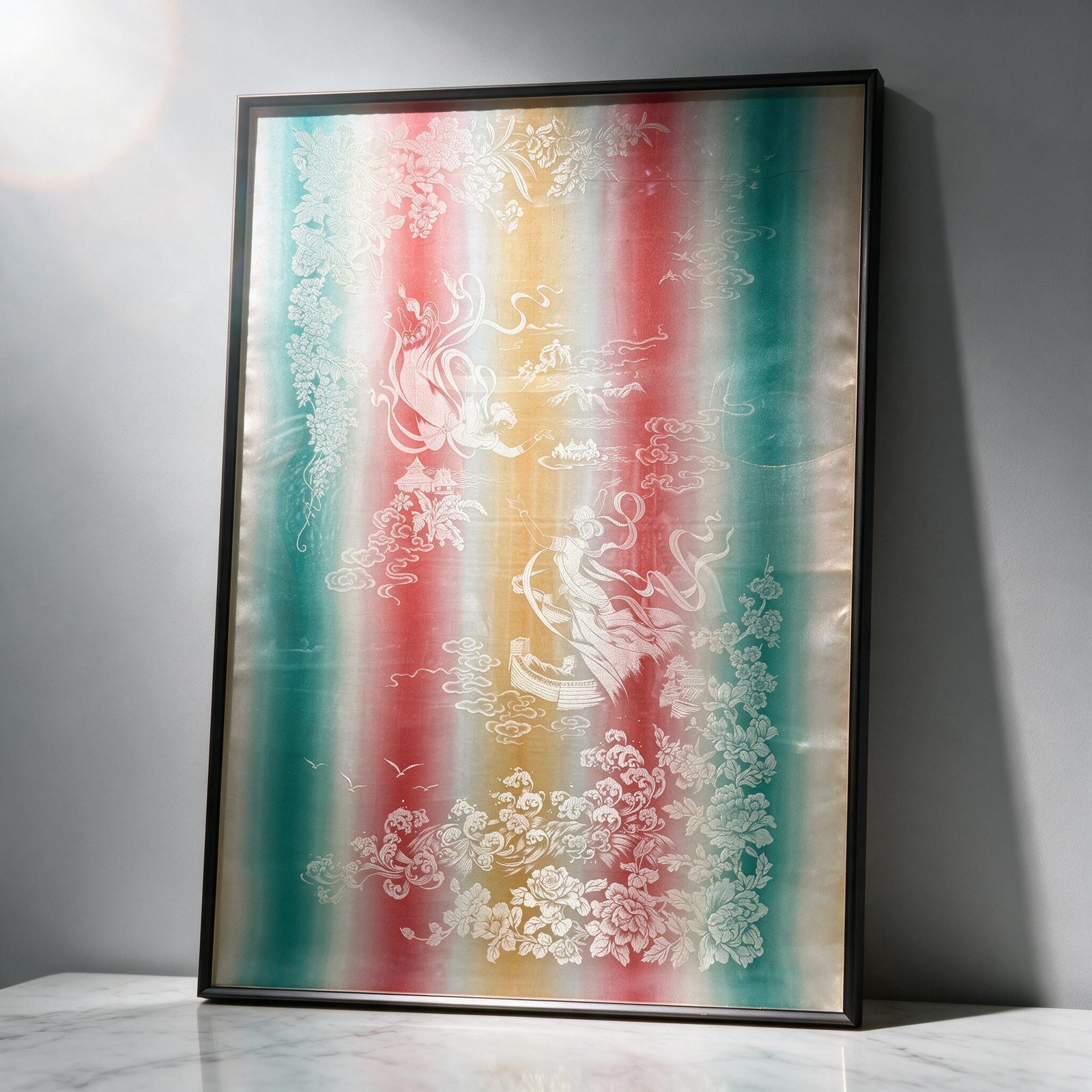 Shu-Brocade Moon-Glow Celestial Maidens · Vertical Framed Collectible Silk ArtONE-OF-A-KIND piece, cannot be reproduced