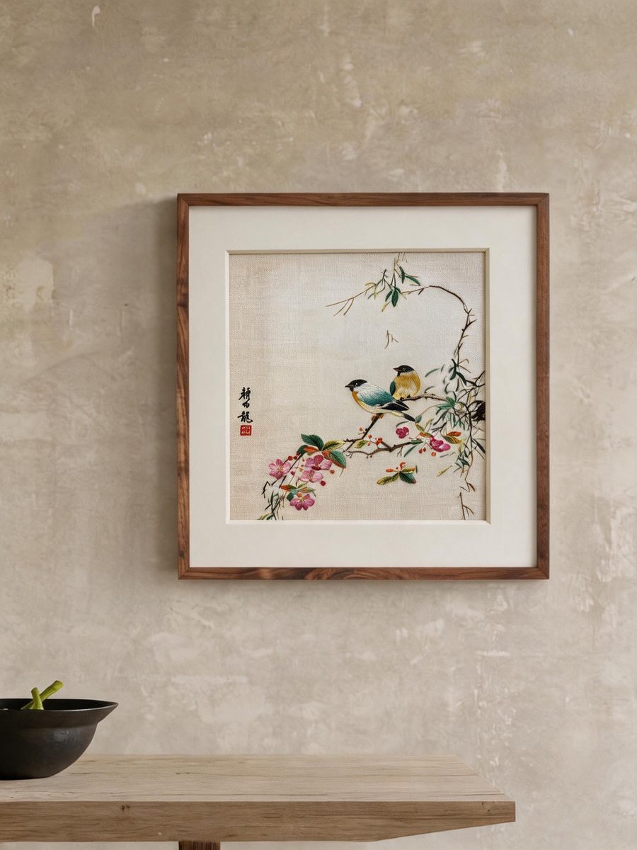 Shu-Brocade Companion Birds on Floral Twigs · Vertical Framed Silk Art
