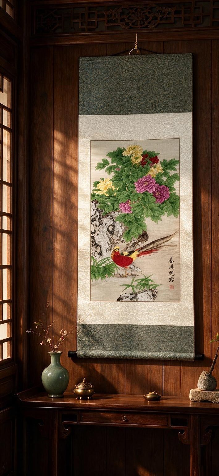 Shu Brocade "Spring Morning Dew" Golden-Pheasant & Peony Vertical Scroll