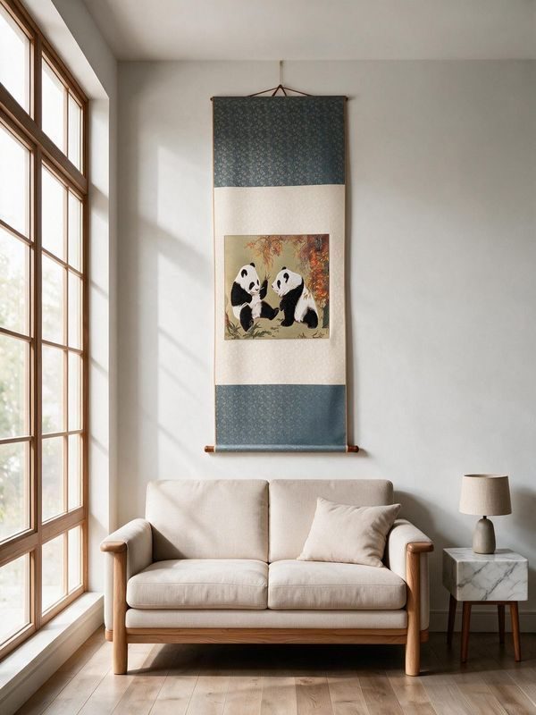 Shu‑Brocade Two‑Panda Vertical Scroll・Oriental Silk Art for Study Room