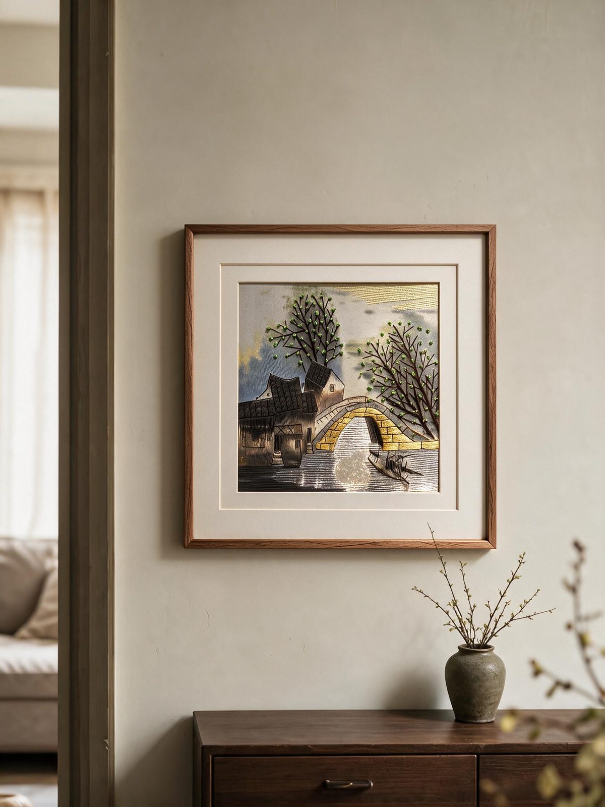 Shu-Brocade Spring Charm of Jiangnan Stone Bridge · Square Framed Silk Art