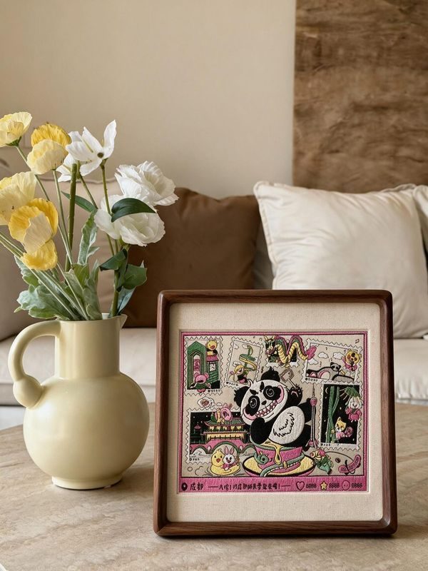 Shu-Brocade Trendy Chengdu Panda · Horizontal Framed Silk Art