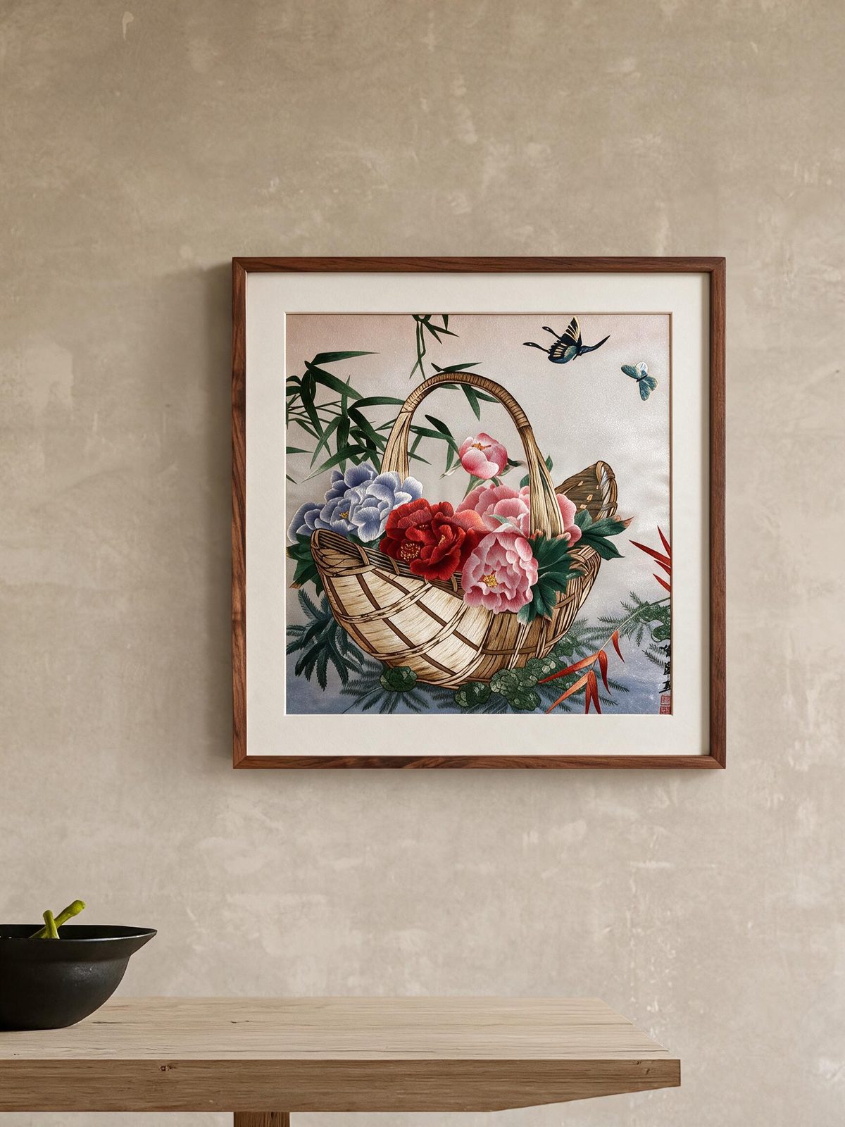 Shu-Brocade Butterflies over Flower Basket · Square Framed Silk Art