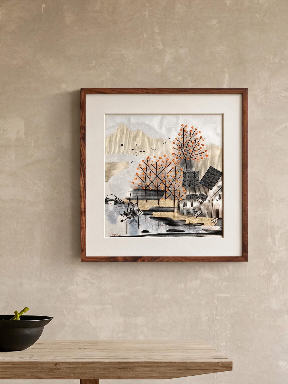 Shu-Brocade Autumn-Touched Water Town · Square Framed Silk Art