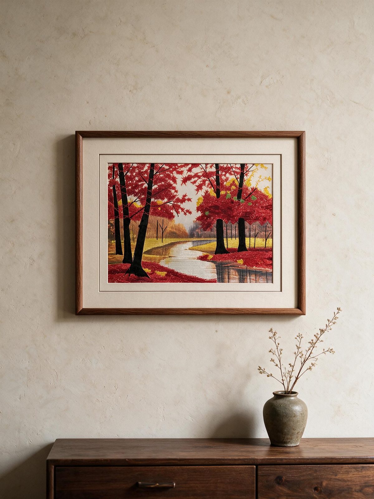 Shu-Brocade Autumn Stream & Red Maples · Framed Scenic Silk Art