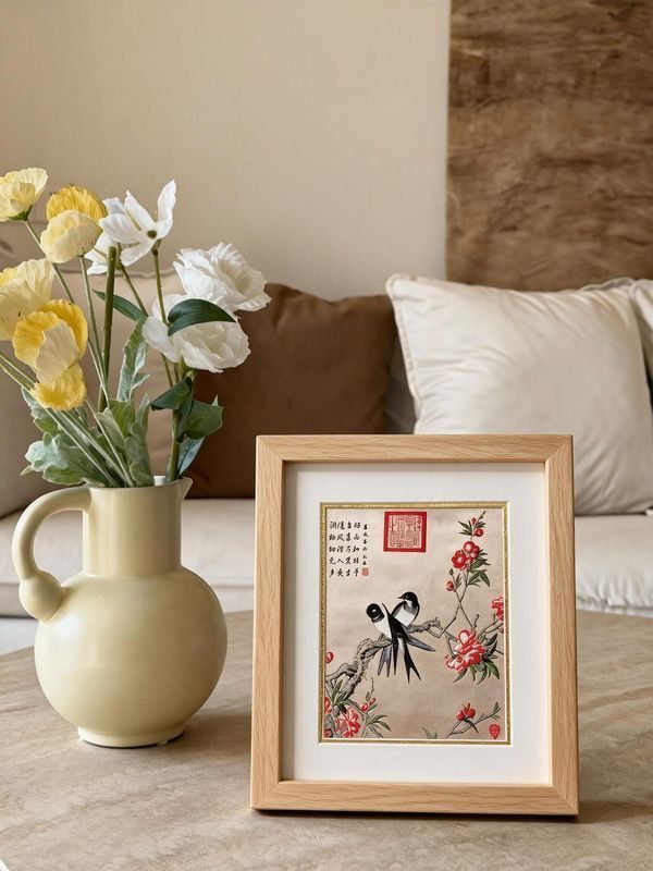 Shu-Brocade Spring Swallows on Peach Blossoms · Vertical Framed Silk Art（30*20CM）