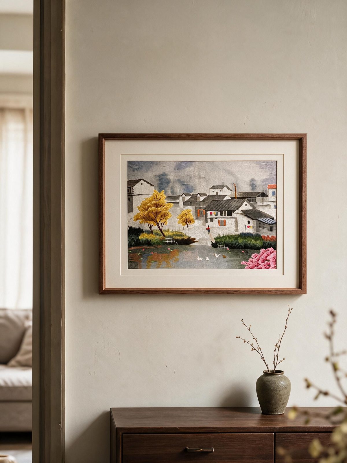 Shu-Brocade Idyllic Jiangnan Water Village · Horizontal Framed Silk Art