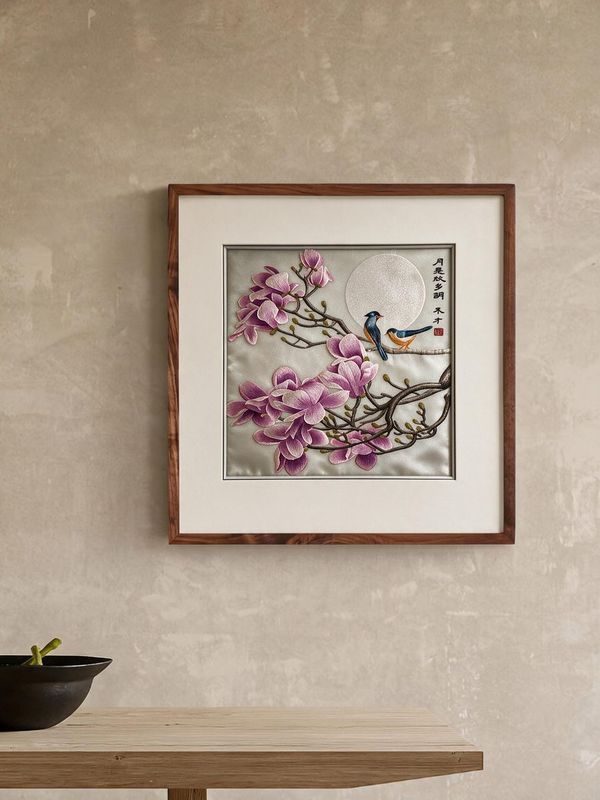 Shu‑Brocade Magnolia Birds Beneath Moonlight · Square Framed Silk Art