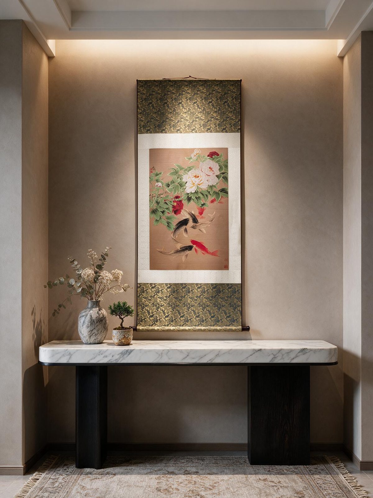 Shu Brocade Peony & Eight-Koi Vertical Scroll